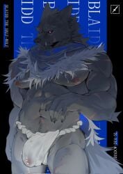 anthro biceps blaidd_(elden_ring) bulge canid canine canis claws digital_drawing_(artwork) digital_media_(artwork) elden_ring fangs finger_claws fromsoftware fundoshi fur hi_res male mammal muscular muscular_male navel nipples pecs scar shadow_dua_xl solo tail teeth underwear wolf