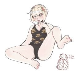 1girls blonde_hair blue_eyes blush female legs_up novemblem one-piece_swimsuit oosuzuki_kurara oosuzuki_kurara_(unmasked) shy small_breasts solo the_hundred_line_-last_defense_academy-