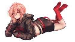 1boy absurd_res ass ass_focus cute_boy feet femboy femboy_ass goth_femboy laying_on_stomach looking_at_viewer pink_hair red_eyes red_socks socks thighs twink