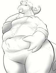 anthro belly black_and_white chef chef_hat chef_uniform clothed_pred clothing female female_pred generation_6_pokemon goodra greyscale hand_on_belly hat headgear headwear lips low-angle_view monochrome nintendo pandottermon pokemon pokemon_(species) simple_background solo standing stomach_bulge thick_lips vore white_background