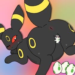 4_toes anus ass belly big_ass black_fur blush censor_bar censored censored_pussy clitoris digital_media_(artwork) eeveelution egg egg_from_pussy egg_laying eyelashes female female_focus female_only furry generation_2_pokemon hi_res mammal nintendo nude one_eye_closed paws pokemon pokemon_(species) pokemon_egg pregnant pussy pussy_juice raised_tail rear_view red_eyes ring_(marking) simple_background solo spread_legs sweat tagme umbreon yellow_fur