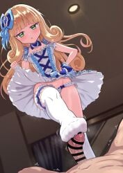 1boy arched_bangs bar_censor blonde_hair blue_bow bow breasts censored commission curly_hair dress feet female footjob footjob_with_legwear frilled_panties frilled_thigh_strap frills green_eyes hairbow highres jashin-chan_dropkick large_variant_set long_hair male medium_breasts mumyou_ishi open_mouth panties penis poporon_(jashin-chan_dropkick) pov pov_crotch skeb_commission sleeveless sleeveless_dress standing standing_on_one_leg straight textless_version thigh_strap thighhighs trample underwear variant_set white_dress white_panties white_thighhighs
