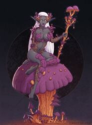 barefoot black_skin brett_neufeld dark_elf elf fantasy female fungus mushroom nude pointy_ears staff white_hair