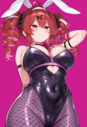 1girls ahoge ai_generated big_breasts breasts bunny_ears bunny_girl bunnysuit cameltoe cleavage detached_collar female female_only fishnet_legwear fishnets hachimides hair_ornament huge_breasts kasane_teto large_breasts latex low-angle_view navel navel_visible_through_clothes playboy_bunny rabbit_hole_(vocaloid) red_background red_eyes red_hair skin_tight skindentation solo solo_female thick_thighs thighs tight_clothing twin_drills utau wide_hips