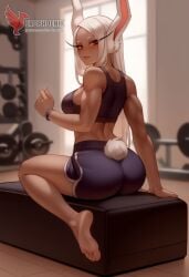 1girls 2d abs ai_generated ass big_ass big_breasts boku_no_hero_academia breasts cleavage dark-skinned_female dark_skin erophoenix female female_focus full_body gym looking_at_viewer mirko miruko muscles muscular muscular_female my_hero_academia navel patreon_username solo solo_female sports_bra thick thick_thighs toned uncensored