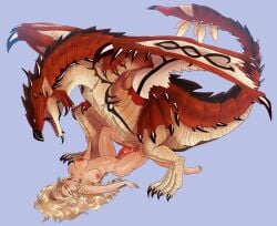 big_dom_small_sub big_penis blonde_hair bulge capcom cloacal_penis dominant dracophilia duo female feral flying_wyvern gemma_(monster_hunter_wilds) genitals hair hi_res holoeclvpse human human_penetrated male male/female mammal monster monster_hunter penetration penis rath_wyvern rathalos reptile scalie simple_background size_difference