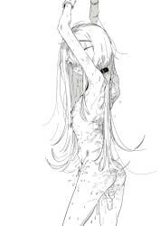 arms_up ass asuzemu belt_collar blush bound bound_arms breasts bruise collar commentary_request cowboy_shot female gakuen_idolmaster greyscale grin hair_ornament hairclip idolmaster injury long_hair looking_at_viewer looking_to_the_side monochrome nipple_piercing nipples piercing sex_toy shinosawa_hiro simple_background small_breasts smile solo very_long_hair vibrator vibrator_cord