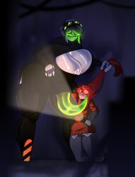 1futa 1girls 2d 2d_artwork balls big_breasts big_penis flashlight giant_breasts glitch_productions green_eyes green_penis kneeling kneeling_down kneeling_on_ground long_hair murder_drones nsfw_bbo red_hair smiling_female suprised_look thick_ass thick_thighs