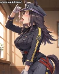 1girls ai_generated animal_ears artifical_art black_hair black_hat blush condom cum cum_in_condom cum_in_mouth cum_on_tongue fenomeno_(umamusume) horse_ears horse_girl horse_tail light-skinned_female light_skin open_mouth peaked_cap perfect_body purple_eyes semen_in_mouth semen_on_tongue solo tongue_out umamusume umamusume_pretty_derby used_condom white_gloves