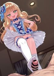 1boy arched_bangs bar_censor blonde_hair blue_bow bow breasts censored commission curly_hair dress feet female footjob footjob_with_legwear frilled_panties frilled_thigh_strap frills green_eyes hairbow highres jashin-chan_dropkick large_variant_set long_hair male medium_breasts mumyou_ishi open_mouth panties penis poporon_(jashin-chan_dropkick) pov pov_crotch skeb_commission sleeveless sleeveless_dress standing standing_on_one_leg straight textless_version thigh_strap thighhighs trample underwear variant_set white_dress white_panties white_thighhighs