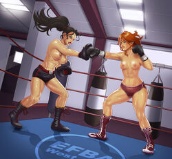 2girls abs black_gloves black_hair blue_eyes boots boxing boxing_gloves boxing_ring breasts dutch_angle female female_only fighting freckles gloves gym human human_only inside large_breasts light-skinned_female light_skin long_hair medium_breasts nipples orange_hair pablocomics ponytail punch punching_bag shoes shorts standing thick thick_hips thick_thighs tied_hair topless training wide_hips