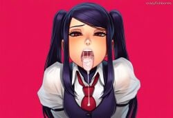 2025 ai_generated artist_name black_hair blush breasts crazyfishbones cum female jill_stingray large_breasts long_hair necktie purple_hair solo