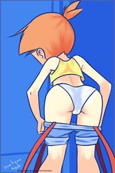 back_view bent_over drantyno female female_only human human_only kasumi_(pokemon) panties pokemon solo undressing white_panties