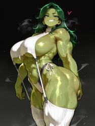 ai_generated bare_thighs gigantic_breasts green_body green_eyes green_hair green_skin huge_breasts huge_thighs hulk_(series) jennifer_walters long_hair looking_at_viewer marvel marvel_comics massive_breasts muscular_female oatmealdood oiled_body oiled_skin she-hulk sling_bikini slingshot_swimsuit smiling solo_female squatting sweat sweatdrop thick_body thick_female thick_thighs thighs voluptuous voluptuous_female