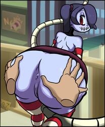 anus ass ass_grab bent_over blue_hair detached_sleeves disembodied_hands huge_ass leviathan_(skullgirls) looking_back pussy q7 red_eyes skullgirls smile spread_ass squigly stitched_mouth zombie