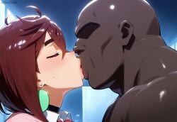 1boy ai_generated aigatari ayase_momo bald brown_hair cheating close-up cuckold dandadan dark-skinned_male deep_kiss fat_male female from_side imminent_sex interracial kissing netorare ntr portrait teenager ugly_bastard
