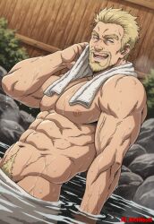 abs ai_art ai_generated areola areolae askeladd bathing blonde-haired_male blonde_hair civitai gay light-skinned_male light_skin looking_at_viewer male_focus male_only muscular muscular_male naked_male nickhoult nipples nude_male pecs pubic_hair solo_focus solo_male toned toned_body toned_male towel viking vinland_saga