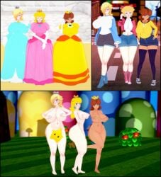 3girls amanwithnoplan armwear blonde_hair blue_dress blue_shorts brown_hair clothing covering_breasts crown dress female grass human light-skinned_female light_skin long_socks looking_at_viewer luma mario_(series) mario_kart mario_kart_world nintendo outdoors pink_dress princess princess_daisy princess_peach princess_rosalina royalty shirt shoes star voluptuous voluptuous_female white_armwear