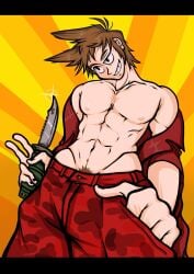 1boy biceps black_eyes brown_hair eddsworld grin holding_knife knife male male_only military_uniform nipples no_visible_genitalia pecs pubes red_army rinkrin smirk suggestive tagme tord tord_(eddsworld)