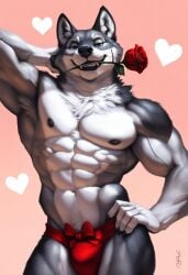 1boy 2025 abs ai_generated anthro armpits athletic athletic_anthro athletic_male avaru biceps black_nipples bulge canid canine canis fangs fur grey_body grey_fur male male_focus mammal muscular muscular_male navel nipples rose_in_mouth seductive_look seductive_smile simple_background solo tuft wolf