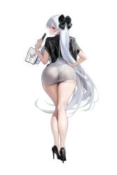 1girls ass_focus back back_view black_heels cinderella_(beautiful_me)_(nikke) cinderella_(nikke) dat_ass female female_only goddess_of_victory:_nikke hair_ribbon heels hido_(cherryhido) highres light-skinned_female long_hair looking_back red_eyes thick_thighs white_background white_hair