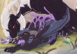 anal anal_sex black_body black_pawpads black_scales bodily_fluids colored_cum cum cum_from_mouth cum_in_mouth cum_inside cum_through dragon duo feral fur genital_fluids genitals hi_res horn ivnis knot male male/male mane membrane_(anatomy) membranous_wings mythological_creature mythological_scalie mythology pawpads penetration penis purple_cum purple_knot purple_penis red_eyes scales scalie size_difference stomach_bulge unusual_bodily_fluids unusual_cum unusual_genital_fluids white_body white_fur white_horn white_mane wings
