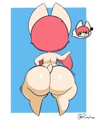 absurd_res animal_humanoid anthro ass bat big_butt clapping fan_character female fur gyuhi_(ruimukiou) hair hi_res huge_butt huge_thighs humanoid mammal nude ruimu_kiou short_stack simple_background solo thick_thighs white_body white_fur wings wobble