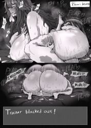 1boy 1girls big_ass big_breasts condom_in_mouth cow_print efto_(pixiv) hex_maniac huge_ass huge_breasts pokemon taller_girl thick_thighs wide_hips