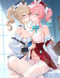 ai_assisted ai_generated barbara_(genshin_impact) blonde_hair genshin_impact honkai:_star_rail hyacine_(honkai:_star_rail) pink_hair tagme twintails two_girls