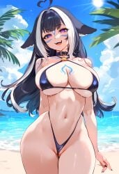 1girls beach big_breasts bikini geo-san hololive hourglass_figure perfect_body purple_eyes shylily streaked_hair swimsuit tatoos tattoo vtuber