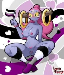 absurd_res anthro areola asexual_pride_colors blush bodily_fluids breasts clothing digital_media_(artwork) female flag flag_(object) footwear generation_6_pokemon genital_fluids genital_piercing genitals glowing glowing_eyes green_eyes grey_body hair heart_symbol hi_res holding_flag holding_object hoopa hoopa_(confined) horn innie_vulva knee_highs knee_socks legendary_pokemon legwear lgbt_pride lgbt_pride_month lunaris_parukia navel nintendo nipples nude piercing pink_areola pink_hair pink_nipples pokemon pokemon_(species) pokemorph pride_color_background pride_color_clothing pride_color_knee_highs pride_color_knee_socks pride_color_legwear pride_color_makeup pride_colors pussy pussy_piercing ring shinji_(lunaris_parukia) simple_background sitting socks solo striped_knee_highs striped_knee_socks vaginal_fluids vulva vulva_piercing yellow_sclera