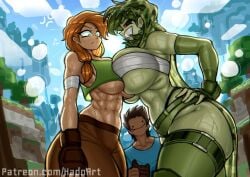 1boy 2girls abs alex_(minecraft) athletic athletic_female breast_to_breast breast_wrap breasts chest_wraps creeper_(minecraft) creeper_girl female male minecraft smile smiley_face smiling steve_(minecraft) thick_thighs zzzhodazzz