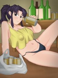 beer confusedsabron drunk empty_bottle highleg_panties huge_breasts misato_katsuragi neon_genesis_evangelion nipple_bulge no_pants plastic_bag ponytail purple_hair tank_top thong