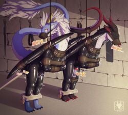 absurd_res anal anal_sex bodily_fluids bondage bondage bound bulge chastity_cage chastity_device closed_eyes clothing collar dildo dragon duo feral genital_fluids genitals hi_res hitachi_magic_wand latex latex_clothing latex_skinsuit lock_bulge lock_symbol male male/male muzzle_(object) muzzled mythological_creature mythological_scalie mythology n1k0 null_bulge penetration precum restraints rubber_clothing scalie sex_toy sex_toy_insertion skinsuit tail tight_clothing vibrator wand_vibrator