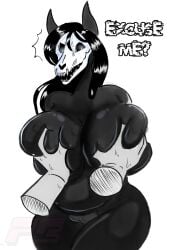 anthro big_breasts black_body black_hair bone breast_grab breasts canid canine dialogue disembodied_hand duo emanata female genitals glowing glowing_eyes hair hand_on_breast hi_res huge_breasts malo mammal nude pussy ratnytez scp-1471-a scp_foundation skull skull_head solo_focus thick_thighs white_eyes wide_hips