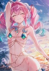 ai_generated almost_naked bikini_top closed_eyes curvy_body curvy_female egyptian_clothes happy_female honkai:_star_rail hyacine_(honkai:_star_rail) one_arm_up pink_hair raaicave small_breasts venus_bikini