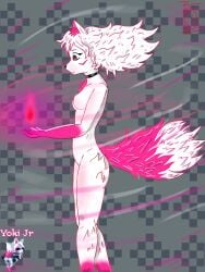absurd_res canid canine female fire fluffy fox hair hi_res male male/female mammal paws pink_body pink_eyes redcat slim solo standing tail white_body white_hair yoki_j_(yj)