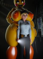 2girls 3d akkonsfw animatronic animatronic_female blonde_female blonde_hair female female_only five_nights_at_freddy's five_nights_at_freddy's:_security_breach five_nights_at_freddy's_2 green_eyes huge_breasts human human_female runaboo_chica scared security_guard toy_chica_(fnaf) vanessa_(fnaf)