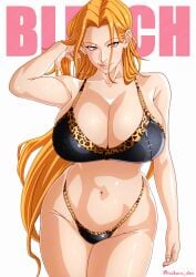 1girls saburo_des matsumoto_rangiku bleach mature mature_female white_background orange_hair hair long_hair black_eyes lips mole mole_under_mouth huge_breasts big_breasts breasts cleavage leopard_print leopard_print_bra bra topwear bottomwear underwear leopard_print_panties hips thick_thighs thighs artist_name watermark solo solo_female female female_only