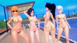 4girls abs ass ass_focus black_hair black_hair_female blake_belladonna blue_eyes female female_only half-dressed half_naked half_naked_female looking_back nude_version_available pose posing ruby_rose rwby rwby_lewd silver_eyes sunglasses weiss_schnee white_hair white_hair_female yang_xiao_long yellow_eyes