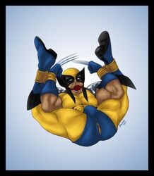 1boy anus ball_gag bara bondage boots bulge costume hairy human james_howlett ktastrofe legs_up male male_only marvel marvel_comics muscle mutant solo source_request superhero tied_up torn_clothes wolverine_(x-men) x-men yaoi