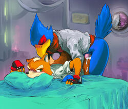 anal anal_sex anthro ascot ass_up avian beak bed bedroom bent_over bird blush bottomless canine closed_eyes clothing cum cum_in_ass cum_inside daftpatriot duo falco_lombardi fingerless_gloves fox fox_mccloud from_behind fur furry furry_only gloves half-dressed inside jacket looking_back lying male mammal multiple_males nintendo on_bed on_stomach orgasm penetration pheasant pillow sharp_teeth shirt star_fox video_games yaoi