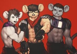 3boys abs achievement_hunter anthro athletic bandana bandolier belt biceps big_muscles biker_mice_from_mars black_nose clothed clothing eyewear gavin_free glasses gloves group male male_only mammal michael_jones modo_(bmfm) mouse multiple_boys muscle muscular muscular_male open_clothes open_jacket open_shirt pants pecs rodent rooster_teeth shirt sunglasses teeth throttle_(bmfm) video_games vinnie_(bmfm)