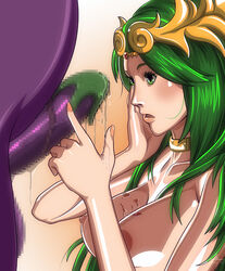 1boy 1girls areolae big_penis blush breasts censored divine_slut eggplant_wizard eyelashes faceless_male female goddess green_eyes green_hair hair hair_ornament kid_icarus large_penis long_hair male mosaic_censoring nintendo nipples open_mouth palutena penis precum purple_skin shiny shiny_skin simple_background testicles tiara ticktank veiny veiny_penis