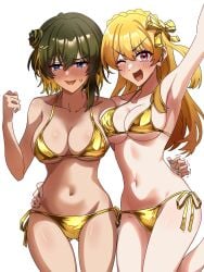 aimoto_rinku akashi_maho ass bikini blonde_hair blush boob_squish bow breasts breedable brown_eyes brown_hair cankitumikan d4dj feet female female_only god_i_want_to_fuck_the_shit_out_of_them gold_bikini gold_bow gold_swimsuit golden_week motion_lines nervous one_eye_closed red_eyes sweat sweatdrop thick_thighs thighs yuri