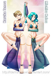 2girls barefoot belly_dancer belly_dancer_outfit bishoujo_senshi_sailor_moon blonde_hair bridal_gauntlets clothing dancer dancer_outfit feet female female_only green_hair harem_outfit haruka_tenou holding_hands hourglass_figure human metal_bikini michiru_kaiou multiple_females nail_polish sailor_neptune sailor_uranus slave slave_bikini slave_outfit teal_hair thedarkness tiara toenail_polish tomboy