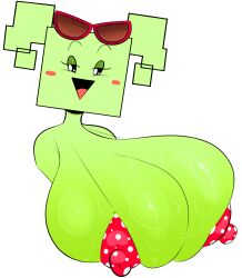 1girls big_breasts bikini_top black_eyes blush_stickers breasts bust_portrait female female_only green_body green_hair green_skin huge_breasts mario_(series) mimi_(super_paper_mario) nipple_bulge nipple_outline nipples_visible_through_clothing ota_(artist) paper_mario pigtails simple_eyes simple_face solo super_paper_mario