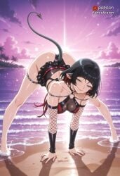 jane_doe_(zenless_zone_zero) zenless_zone_zero black_hair mouse_ears tail mature_female medium_breasts bodysuit swimsuit fishnets beach sea fancyvision ai_generated ai naughty_face blush puffy_nipples all_fours straight_legs ass_focus ass_up face_down_ass_up top_down_bottom_up cat_pose stretching arched_back