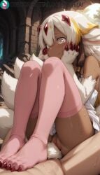faputa made_in_abyss tail dark_skin rating:explicit fox_tail feet sweat toes white_hair thighhighs dark-skinned_female animal_ears barefoot nail_polish uncensored pussy hetero toenail_polish smile colored_skin wolf_tail sitting pussy_juice blush multiple_tails 1girls ai_generated artist_name artist_signature hi_res high_resolution highres kurutai subscribestar subscribestar_username