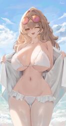 1girl ;d azur_lane bangs bare_shoulders bikini blue_sky blush breasts brown_eyes brown_hair cleavage cloud collarbone cowboy_shot crossed_bangs day eyebrows_visible_through_hair eyewear_on_head fangs female female_only frilled_bikini frills hair_between_eyes halterneck huge_breasts large_breasts lion_(azur_lane) lion_(the_reclining_dandelion)_(azur_lane) long_hair looking_at_viewer navel ocean one_eye_closed open_clothes open_mouth open_shirt original outdoors signature sky smile solo standing stomach string_bikini sunglasses swimsuit teeth thigh_gap thighs upper_teeth water white_bikini